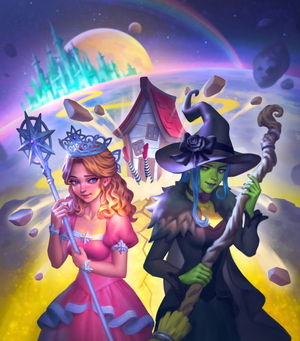 three witches looking like the Good Witch, wicked witch of the west and a house indicating the flattened third witch