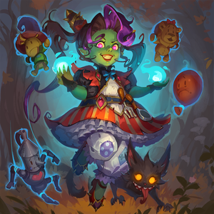 Dorthy dressed as a green faced witch with her lion, tin man and scarecrow friends as stuffed animals in suspension around her.