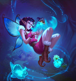 A faerie with blue wings with magical mushroom friends and swirling bloom magic dancing around her.