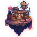 A planet fragment with a house, piles of books, and the game's owl wizard captain, Professor Who.