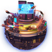 A futuristing techno-planet with ships gathering around a gigantic screen.