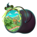 A planet-sized cauldron with a portal to a rural landscape inside.