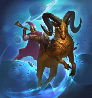 A greek armored hero blowing his hunting horn while riding a flying ibex as they fly through space