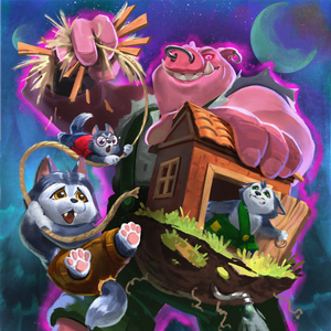 A giant mean pig destroying the homes of three little wolves.